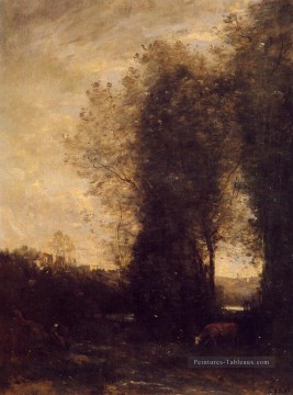 romantique romantisme Tableau Peinture - Une vache et son gardien plein air romantisme Jean Baptiste Camille Corot